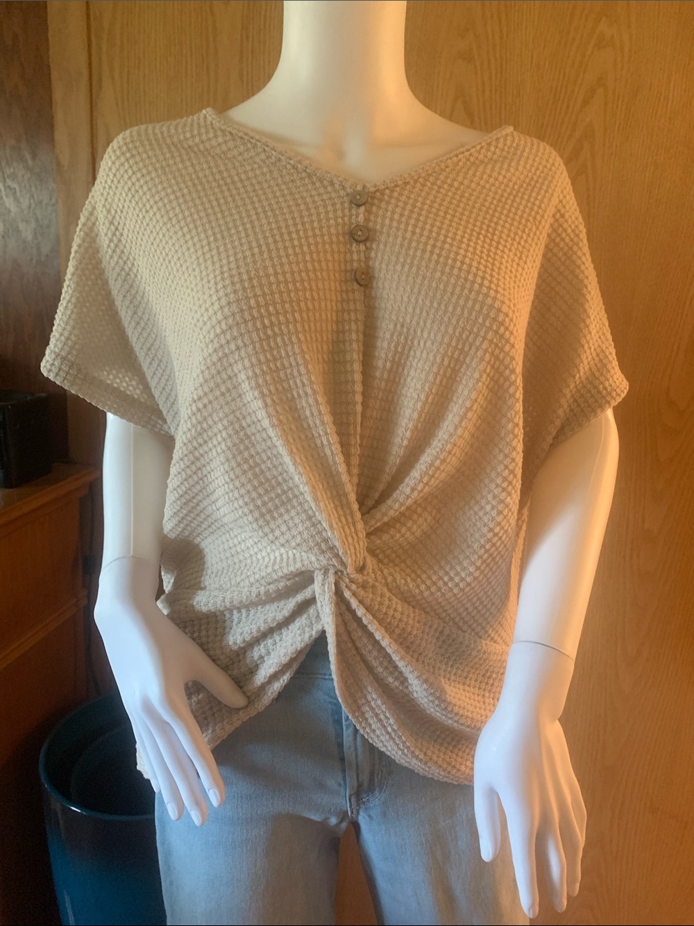 Waffle Knit Short Sleeve Knot-Front Top - Cream
